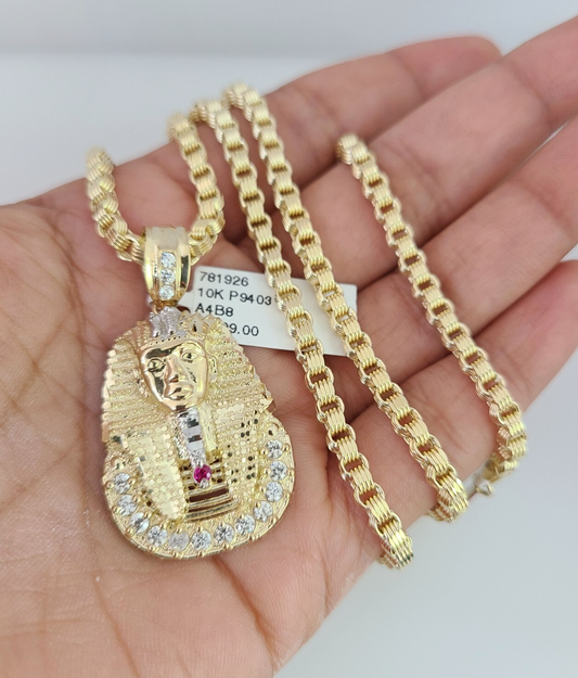 Real 10k Gold necklace & Pharoah Head charm pendant SET Chain 3mm Byzantine 22"