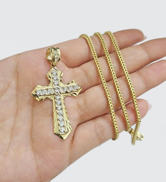 Real 10k Yellow Gold Franco Chain 2.5mm 22" inch Necklace Jesus Cross Charm 10kt
