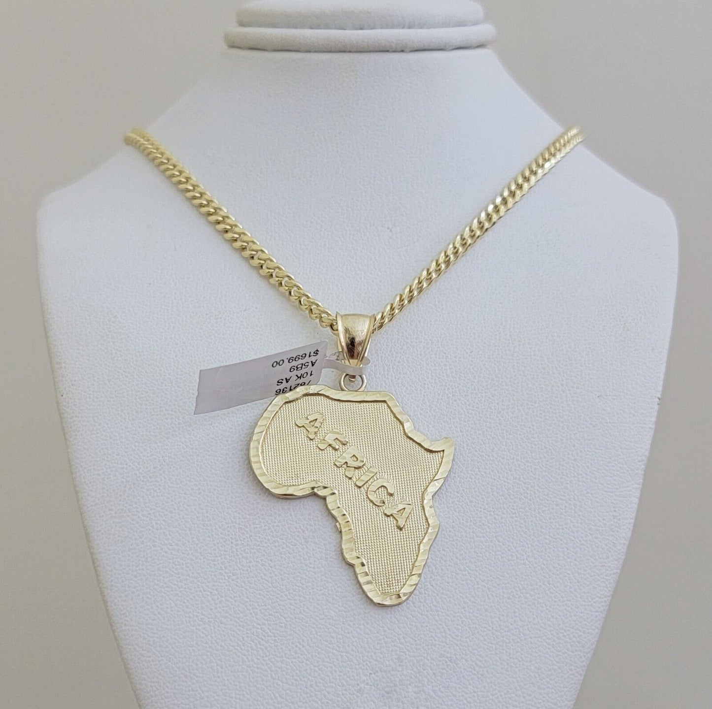 Real 10k Gold Chain & AFRICA Map Charm Pendant SET 24 Inch Cuban Link Necklace