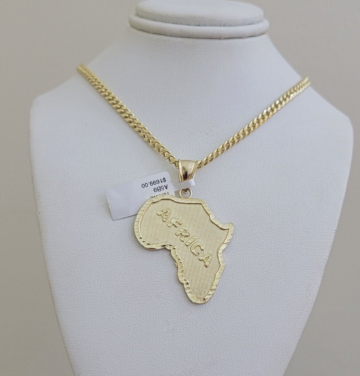 Real 10k Gold Chain & AFRICA Map Charm Pendant SET 22 Inch Cuban Link Necklace