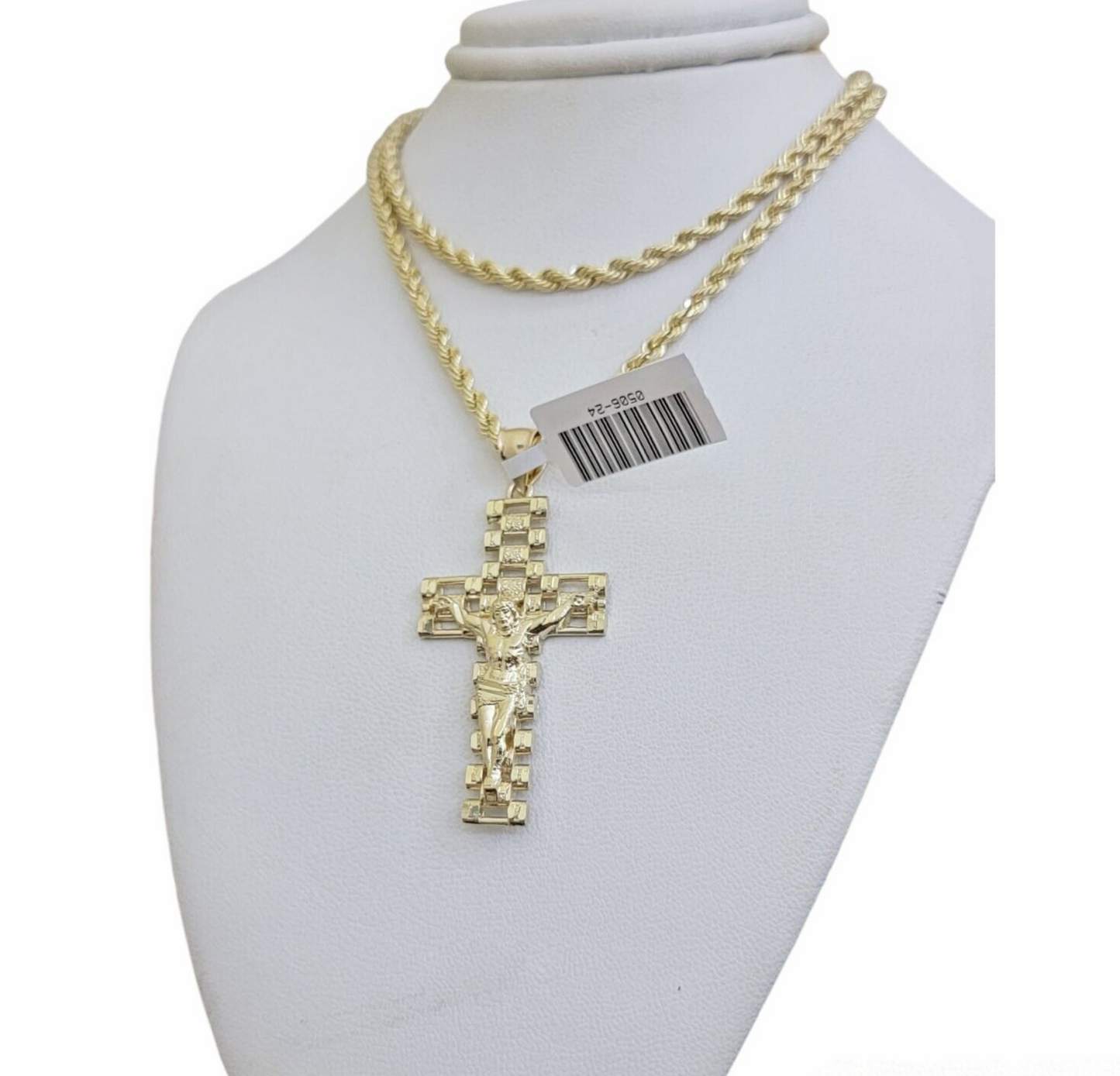 Real 10k Gold Rope Chain Cross Charm Pendant SET 3mm 20" Necklace Jesus Crucifix