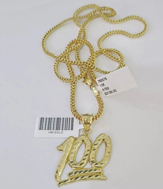 Real 10k Gold Franco Chain Necklace With 100 Sign Charm Pendant SET 18-26 inch