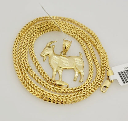 Real 10k Gold Chain Pendant SET Franco Necklace GOAT Charm 2.5mm 18"-24 Inch