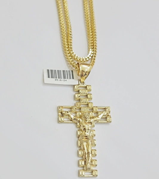 REAL 10k Gold Cross Pendant Franco Chain Necklace 22" Inch SET & Jesus Crucifix