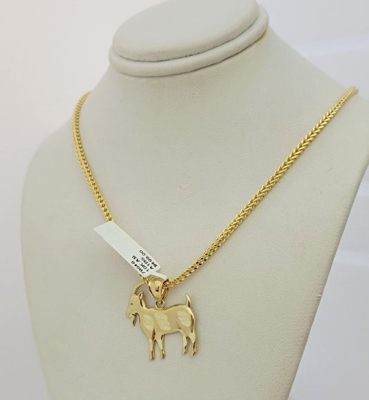 Real 10k Gold Franco Chain GOAT Charm pendant Set 2.5mm Necklace 22 Inch Men's