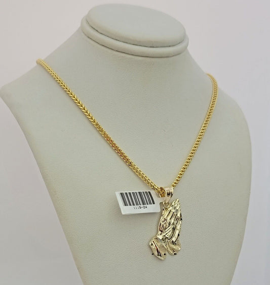 Real 10k Gold Franco Chain Praying Hand Charm pendant Set 2.5mm Necklace 22 Inch