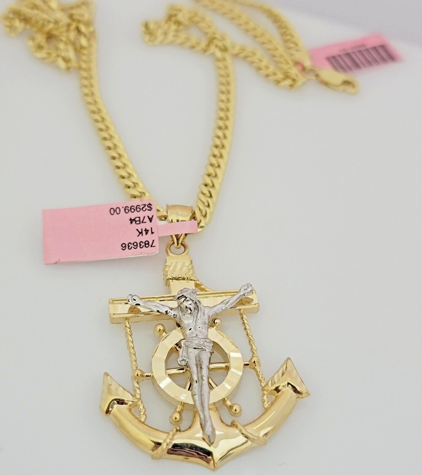 Real 14k Gold Necklace Anchor Charm Pendant SET Miami Cuban Link Chain 5mm 22"