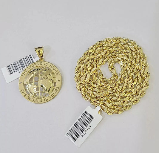 Real 10k Gold Rope Chain Charm World Map Pendant SET 4mm 18-28 inch Necklace