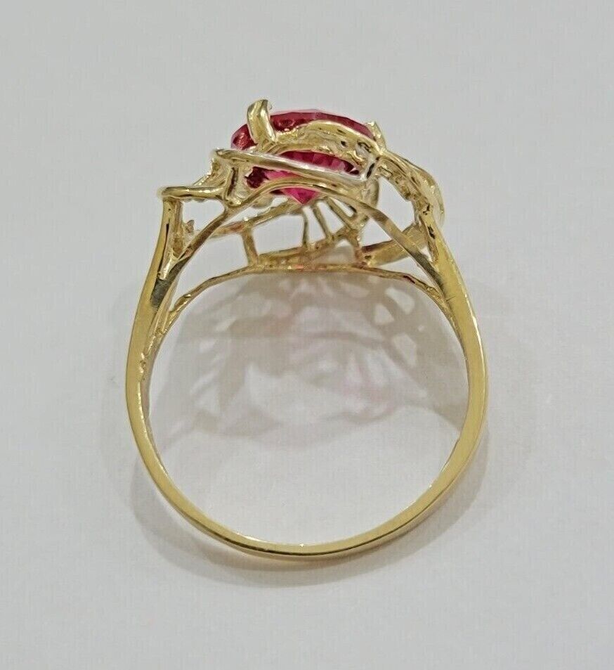 10k Yellow Gold Women Ring Pink Red Color Ladies Flower Band REAL 10KT Size 7.5