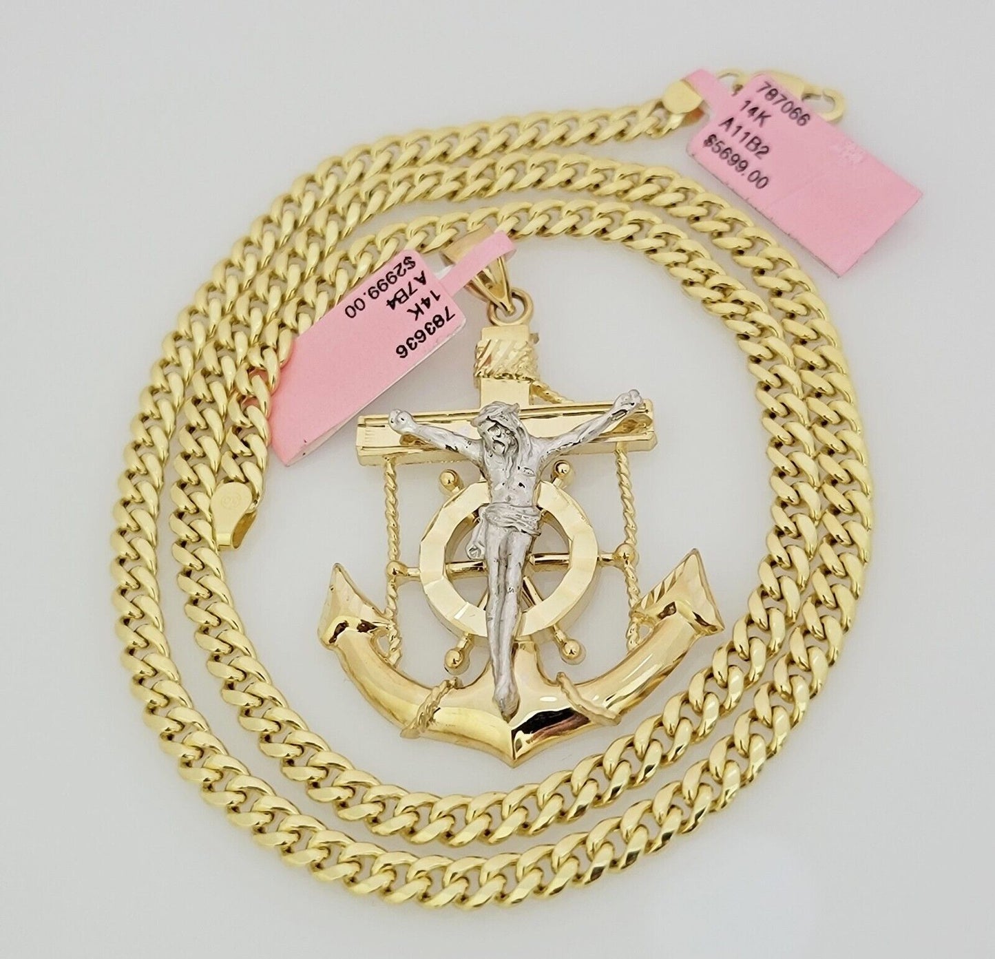 Real 14k Gold Necklace Anchor Charm Pendant SET Miami Cuban Link Chain 5mm 22"