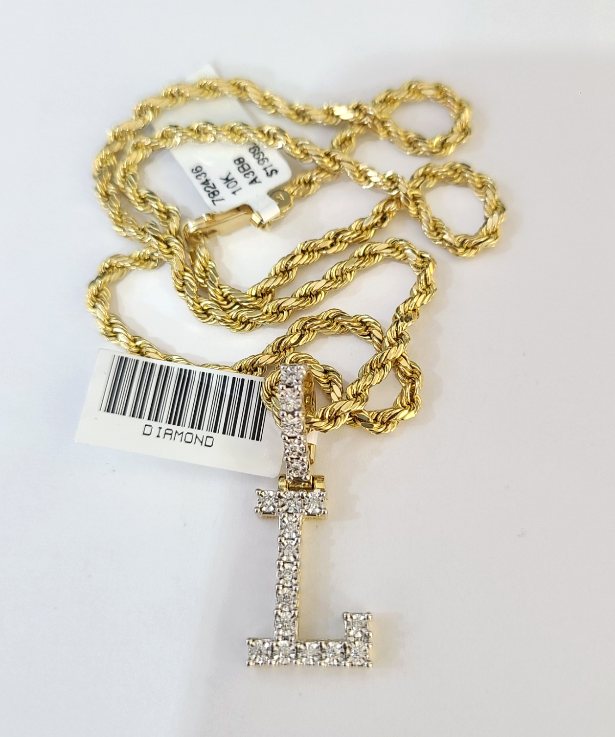 10k Rope Chain L Diamond Initial Charm Necklace Pendant Set 2mm 18"-24" Gold
