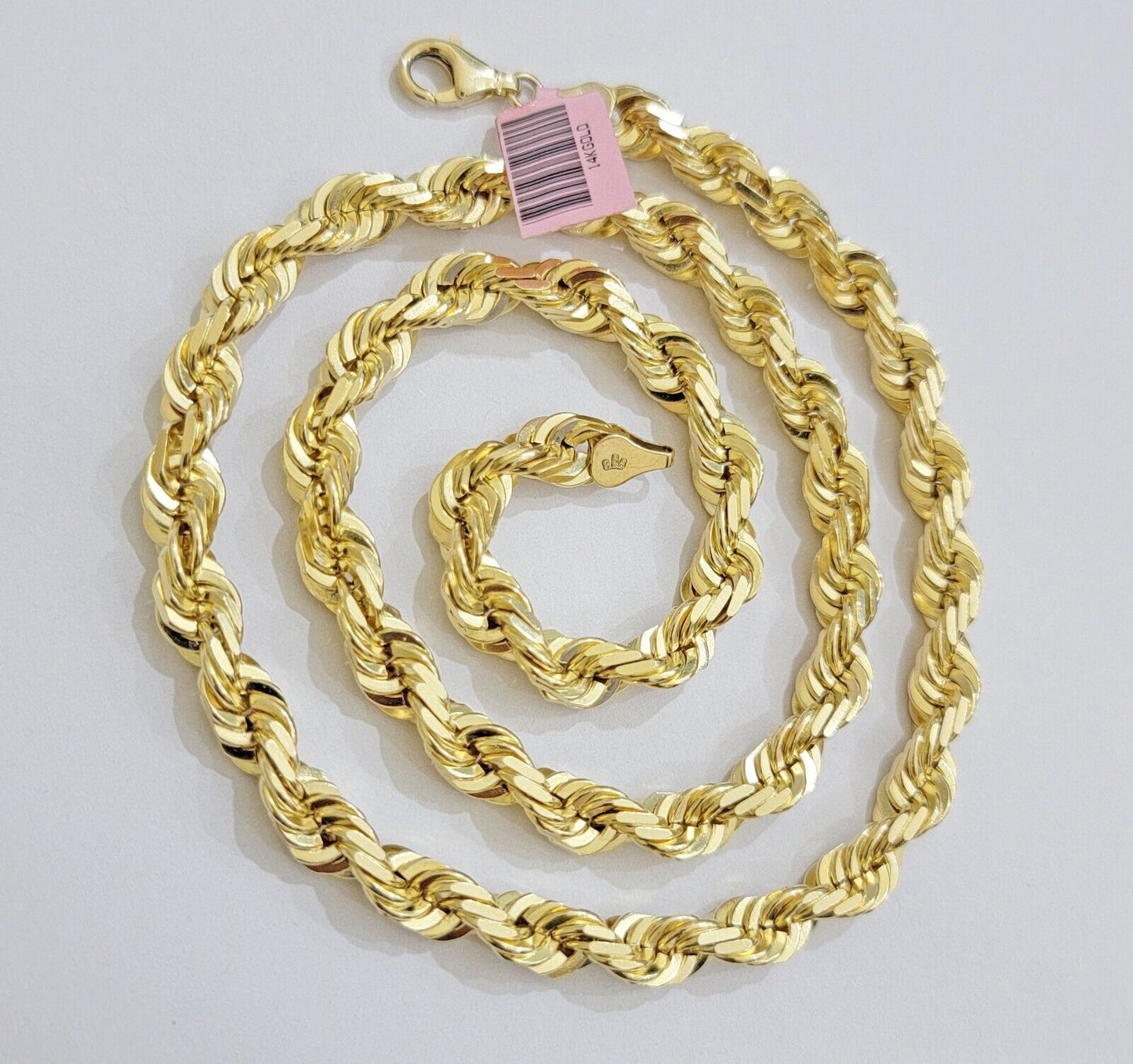 Real 14k Rope Chain Necklace 22 inch 7mm Diamond Cut Mens 14kt Yellow Gold SOLID