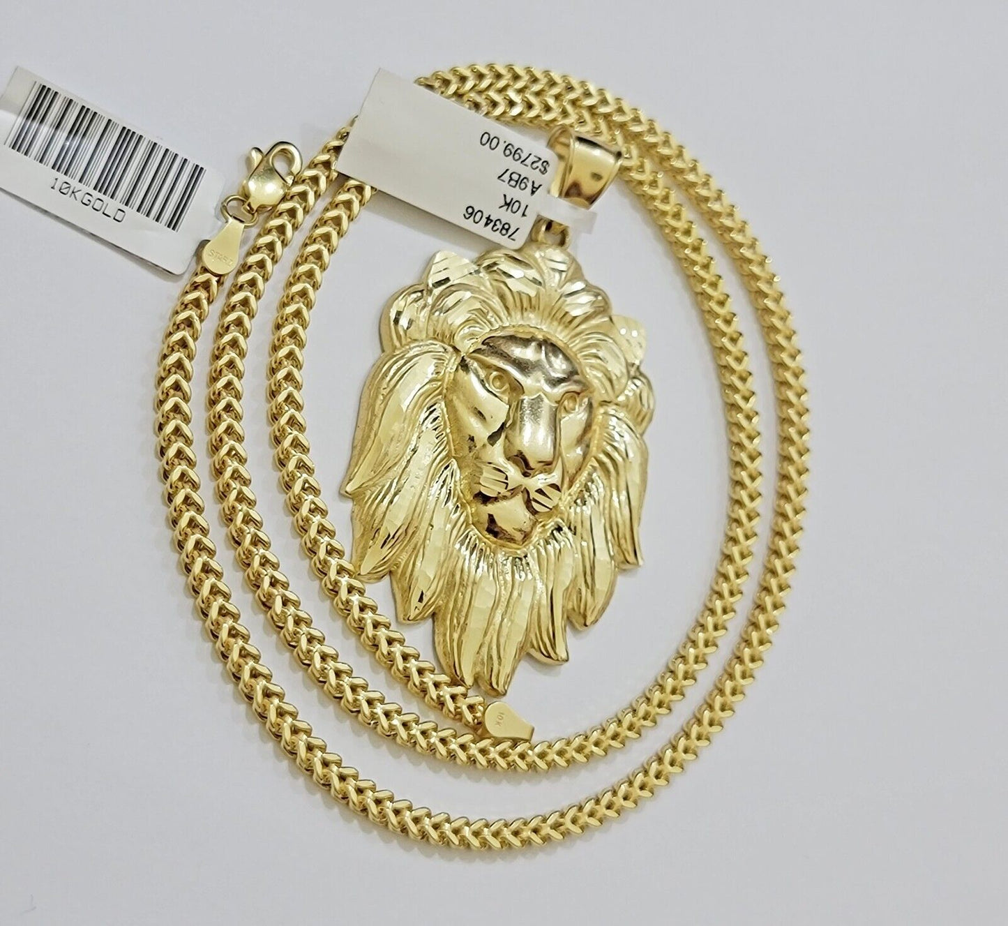 REAL 10k Gold Franco Necklace Charm Lion Head Pendant SET 20 - 26 Inch 3mm Chain