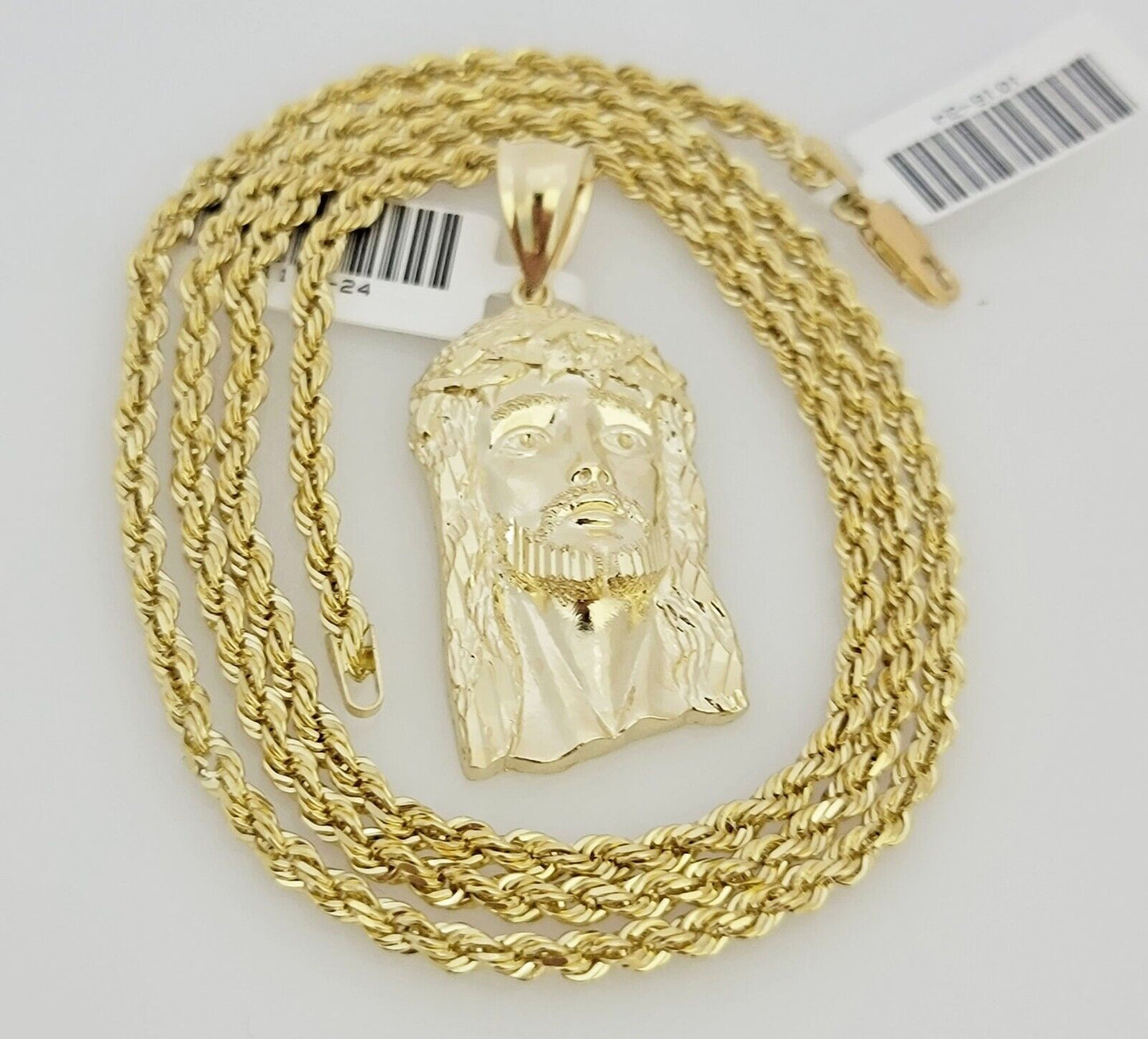 Real 10k Gold Rope Chain Jesus Face Charm Pendant Set 3mm Necklace 18"-26" SOLID