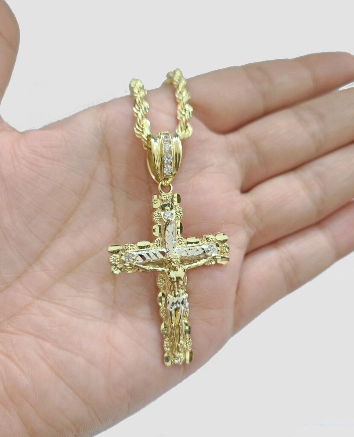 Real 10k Yellow Gold Cross Charm Rope Chain 4mm 18'' Necklace Pendant 10kt Jesus