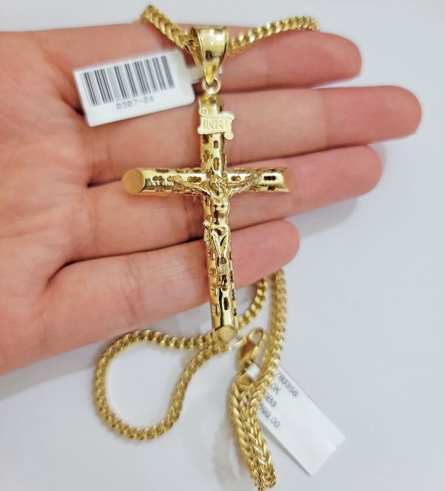 REAL 10k Gold Cross Pendant Franco Chain Necklace 20" - 26 Inch & Jesus Crucifix