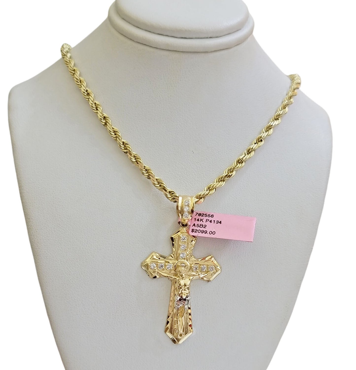 REAL 14k Gold Rope Necklace Cross Charm Pendant SET SOLID 4mm 20" Choker Chain