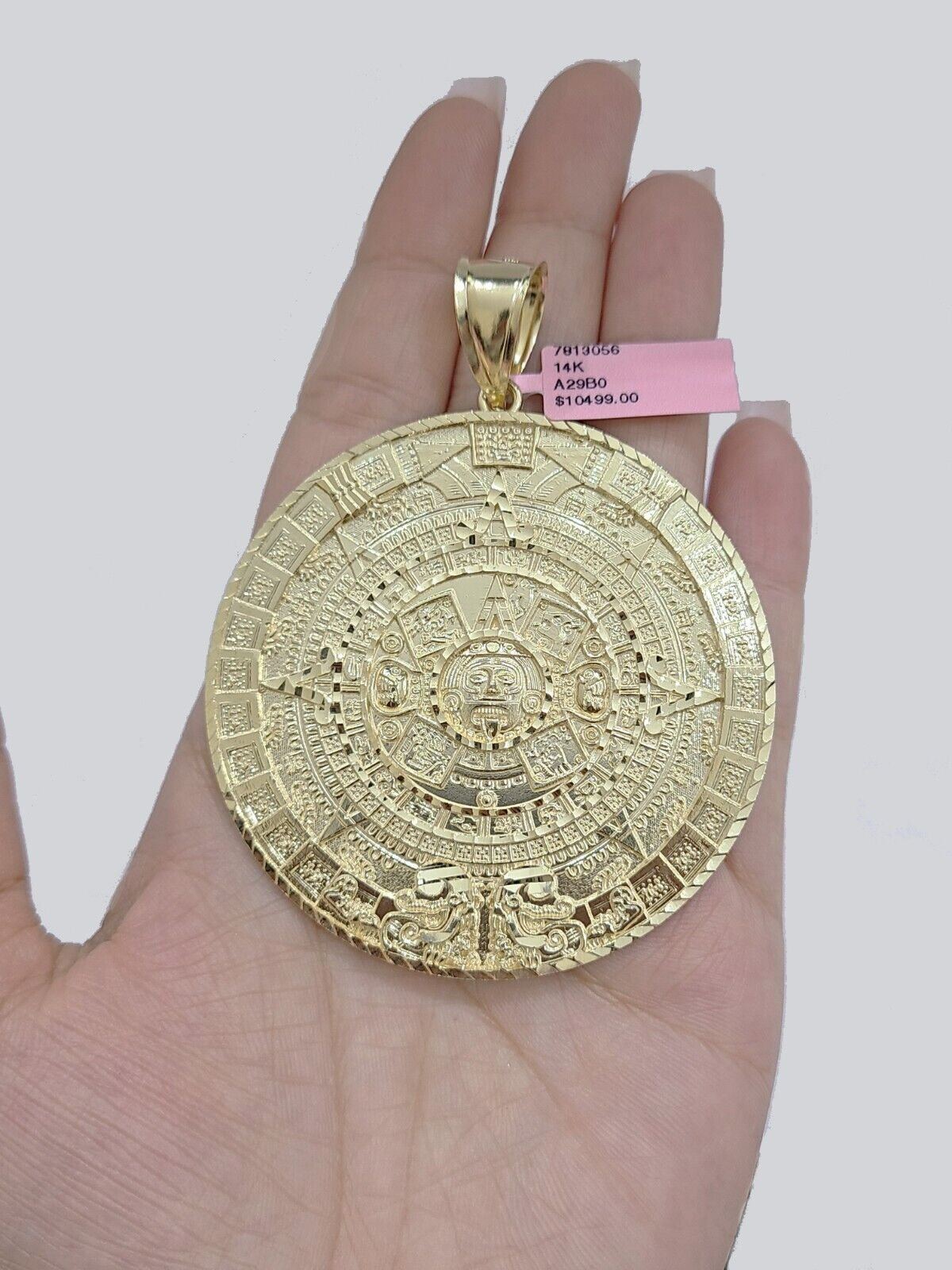 Real 14K Yellow Gold Aztec Calendar Charm Solid Pendant For Chain 14KT Necklace