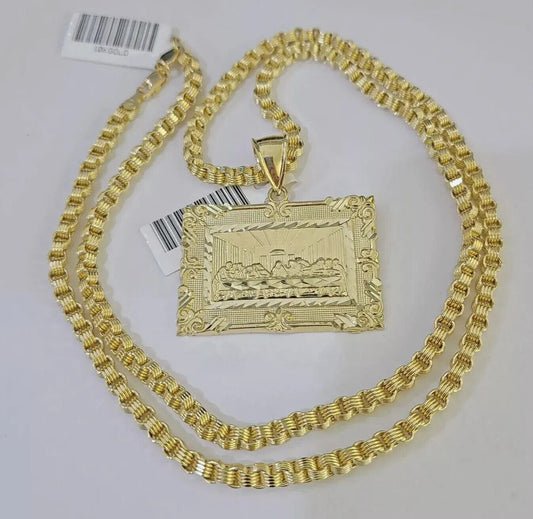 10k Gold Byzantine Chain Necklace Last supper charm Pendant SET REAL 10kt Men's