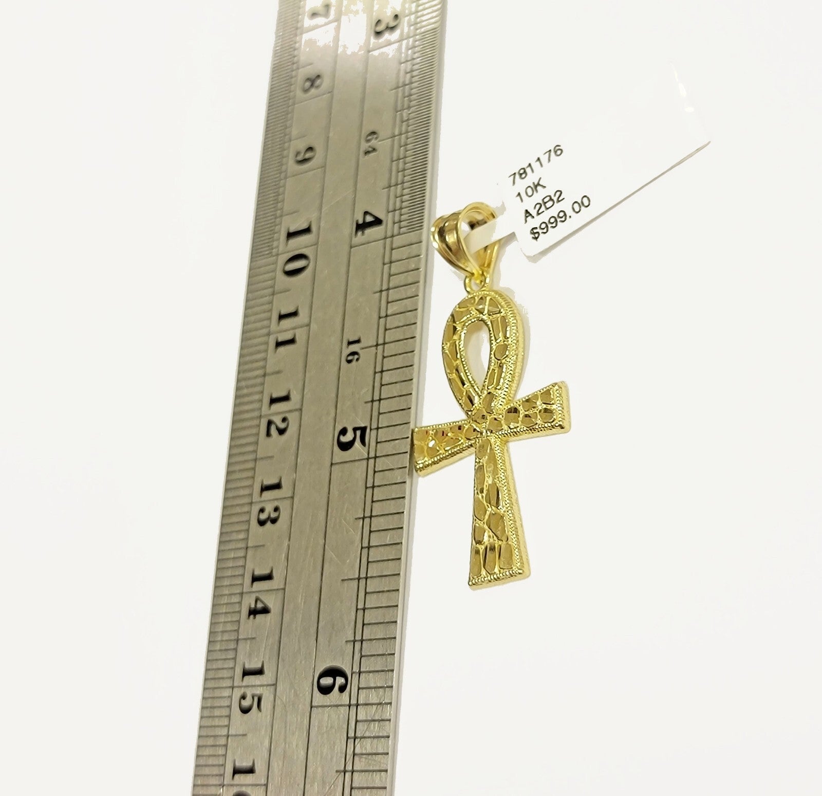 Real 10k Yellow Gold Ankh Cross charm Nugget Pendant 2 Inch For Men's 10 KT / AS