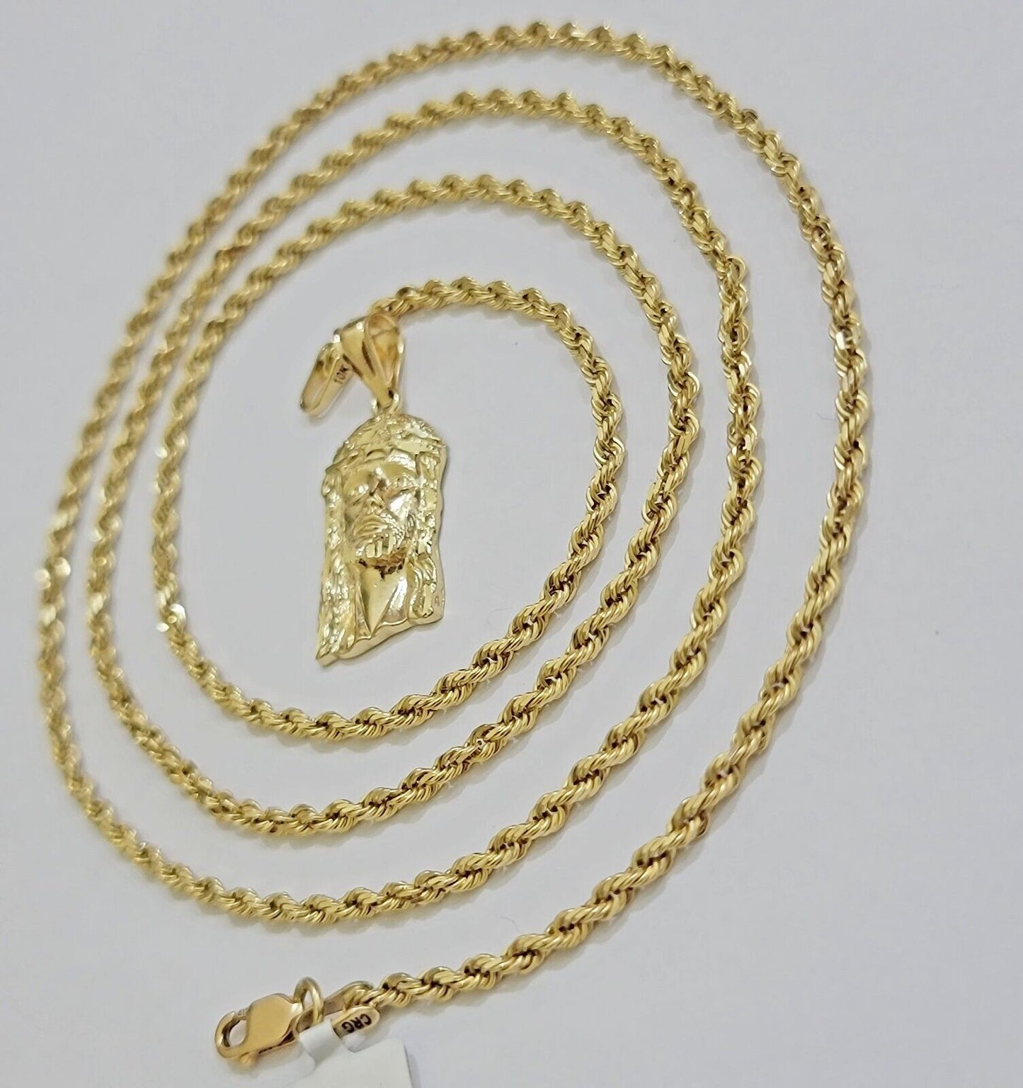 REAL 10k Gold Pendant & Solid Rope Chain Necklace 18" - 24 Inch Jesus Face Charm