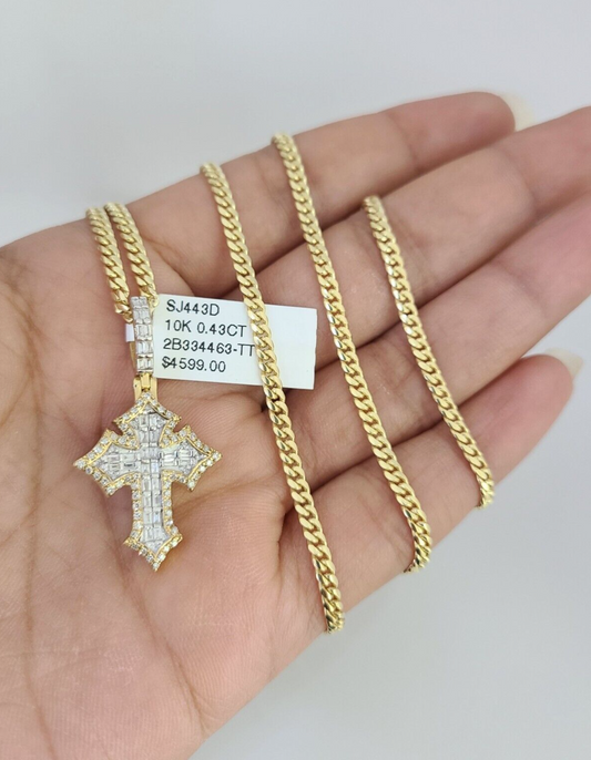 10K Solid Gold Miami Cuban Chain SET Diamond Jesus Cross Charm 18"-26" 2.5mm