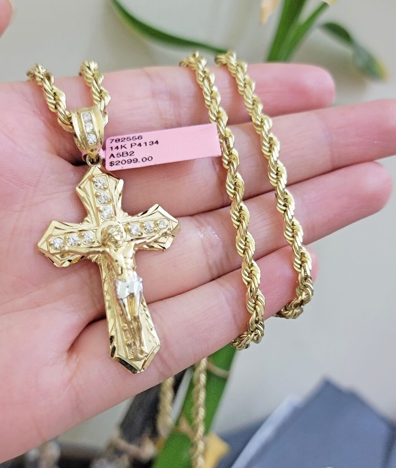 REAL 14k Gold Rope Necklace Cross Charm Pendant SET SOLID 4mm 28 Inch Chain Mens