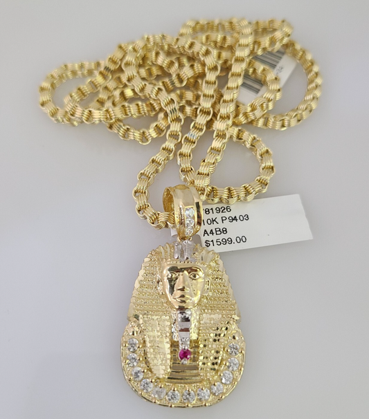 Real 10k Gold necklace & Pharoah Head charm pendant SET Chain 3mm Byzantine 24"