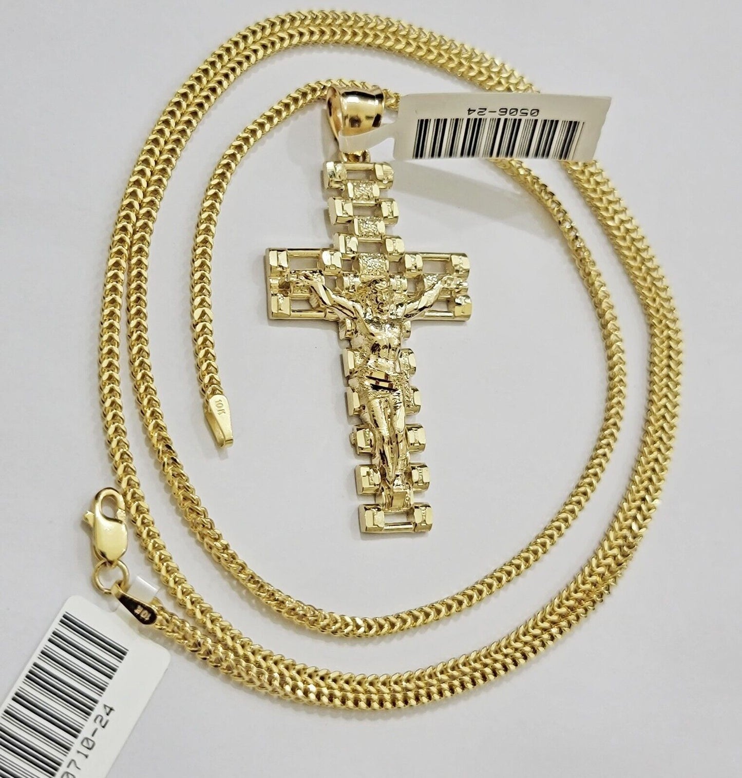 Real 10k Gold Franco Chain Cross Charm SET 24 Inch 2mm Necklace Jesus Pendant