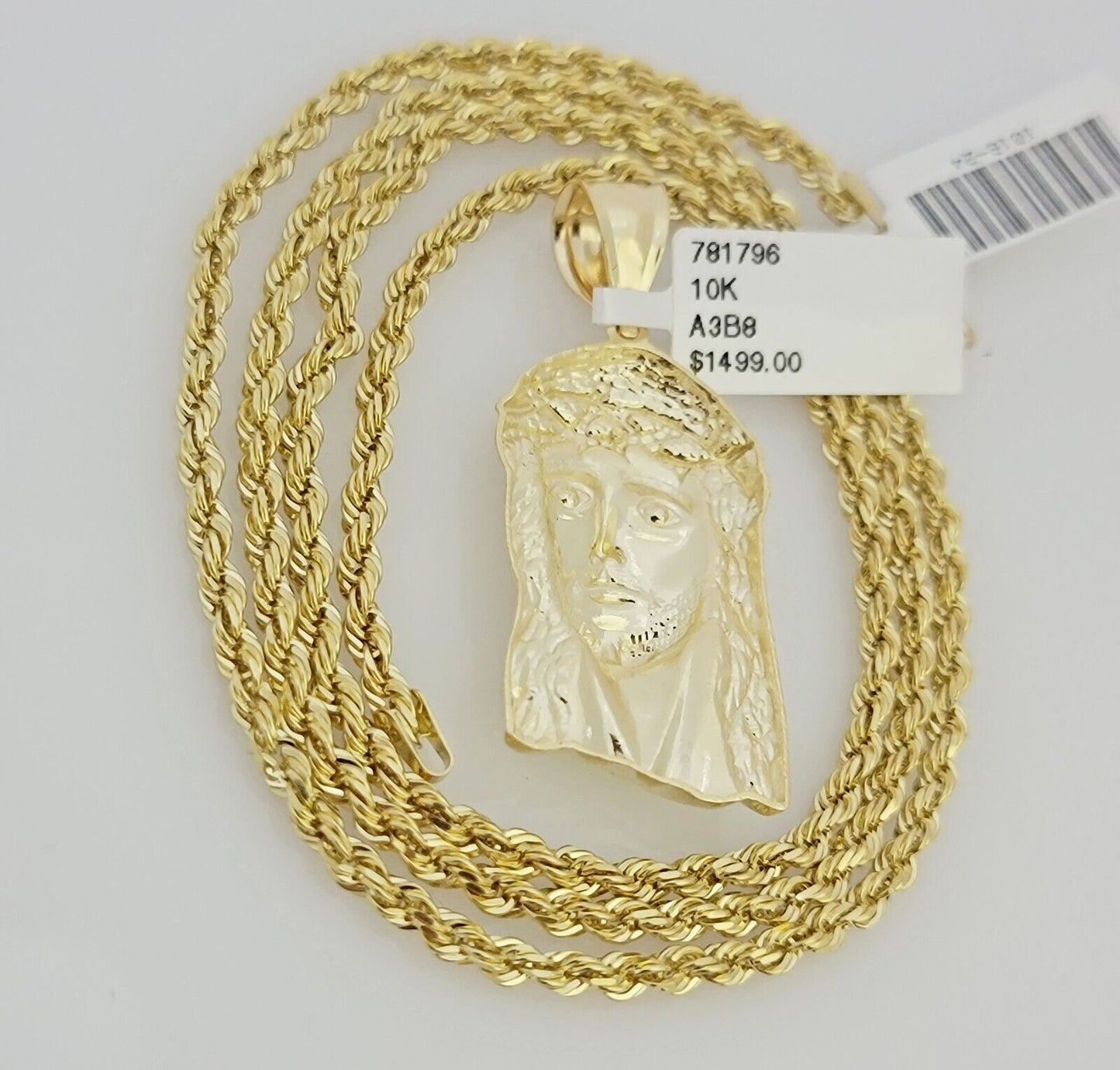 Real 10k Gold Rope Chain Jesus Face Charm Pendant Set 3mm Necklace 18"-26" SOLID