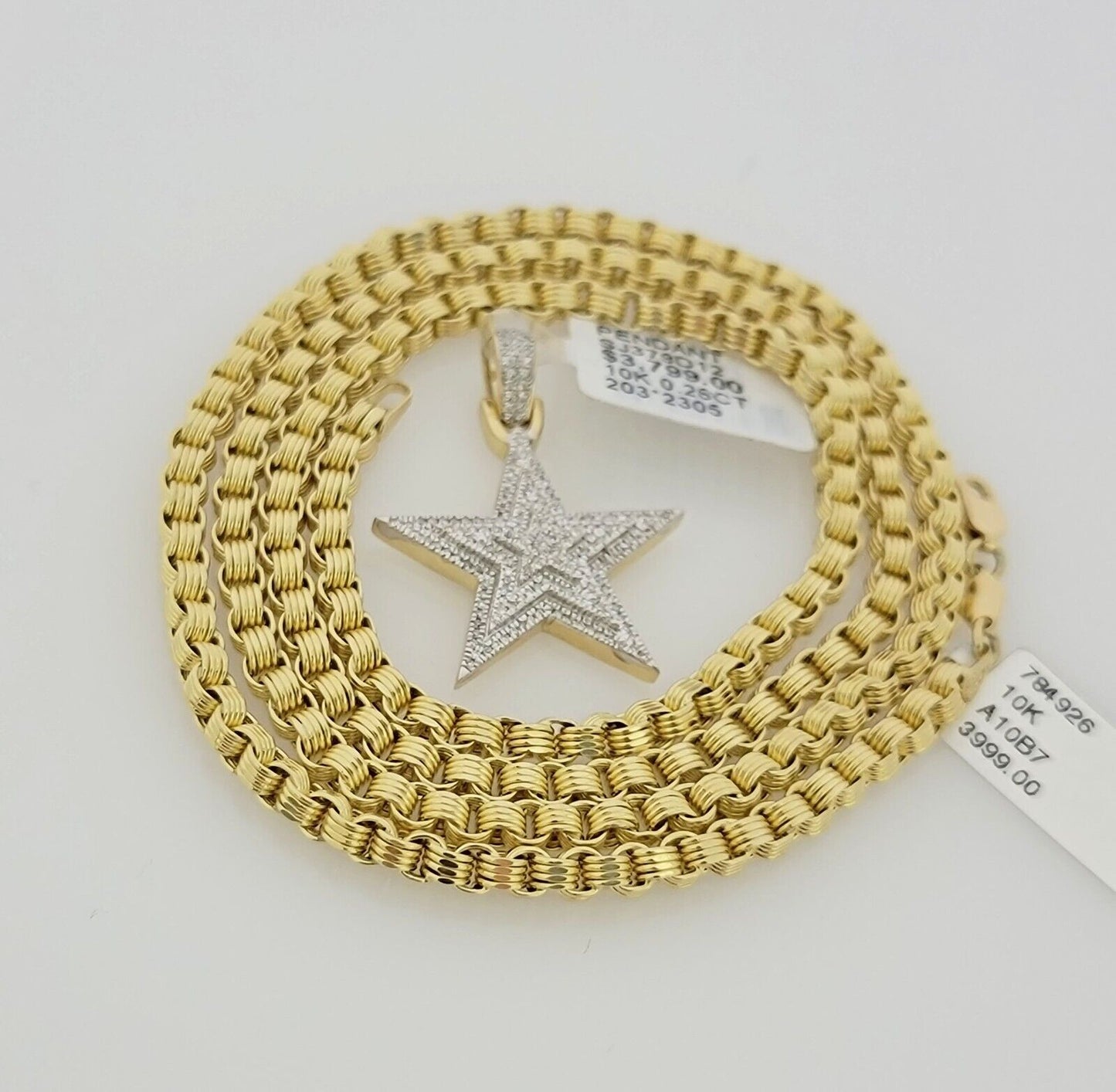 10k Gold Byzantine Chain Necklace Diamond Star charm Pendant SET REAL 10kt Men's