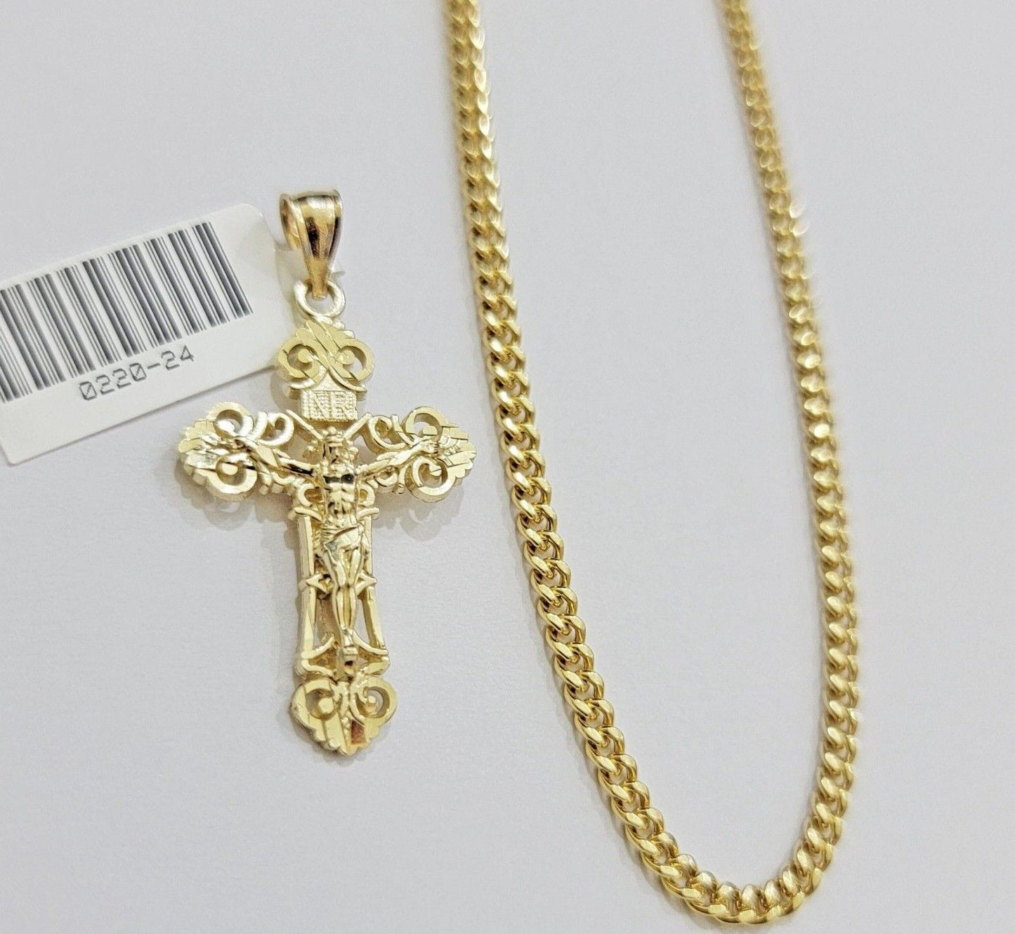 Real 10k Gold Necklace Chain Jesus Cross Charm Pendant SET 3mm Miami Cuban Link