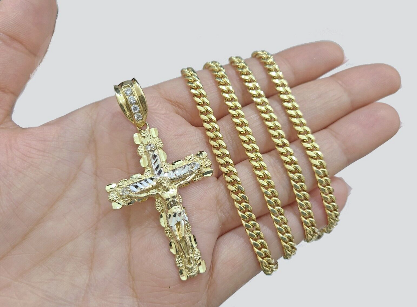 10k Yellow Gold Miami Cuban Chain 5mm 24" inch Necklace Jesus Cross Charm Real