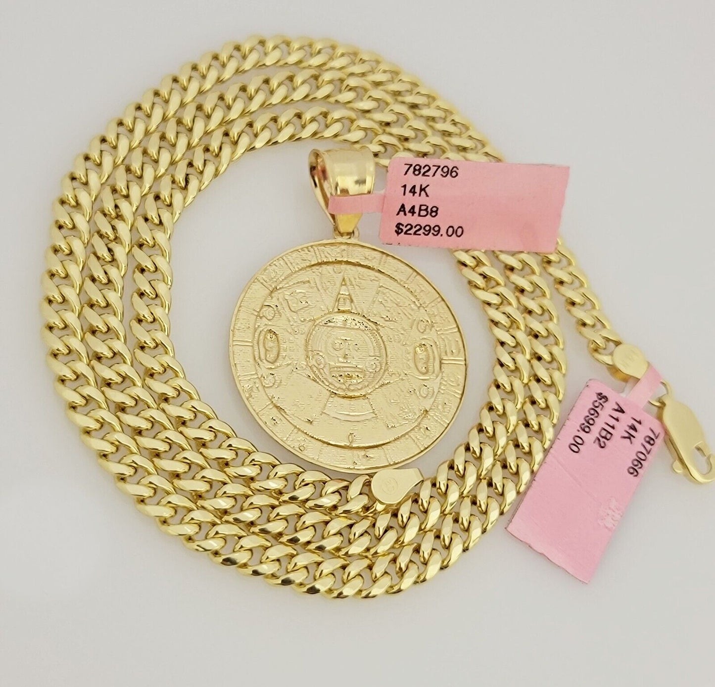 Real 14k Gold Miami Cuban Link Chain Mayan Charm Pendant SET 5mm Necklace 20-28"