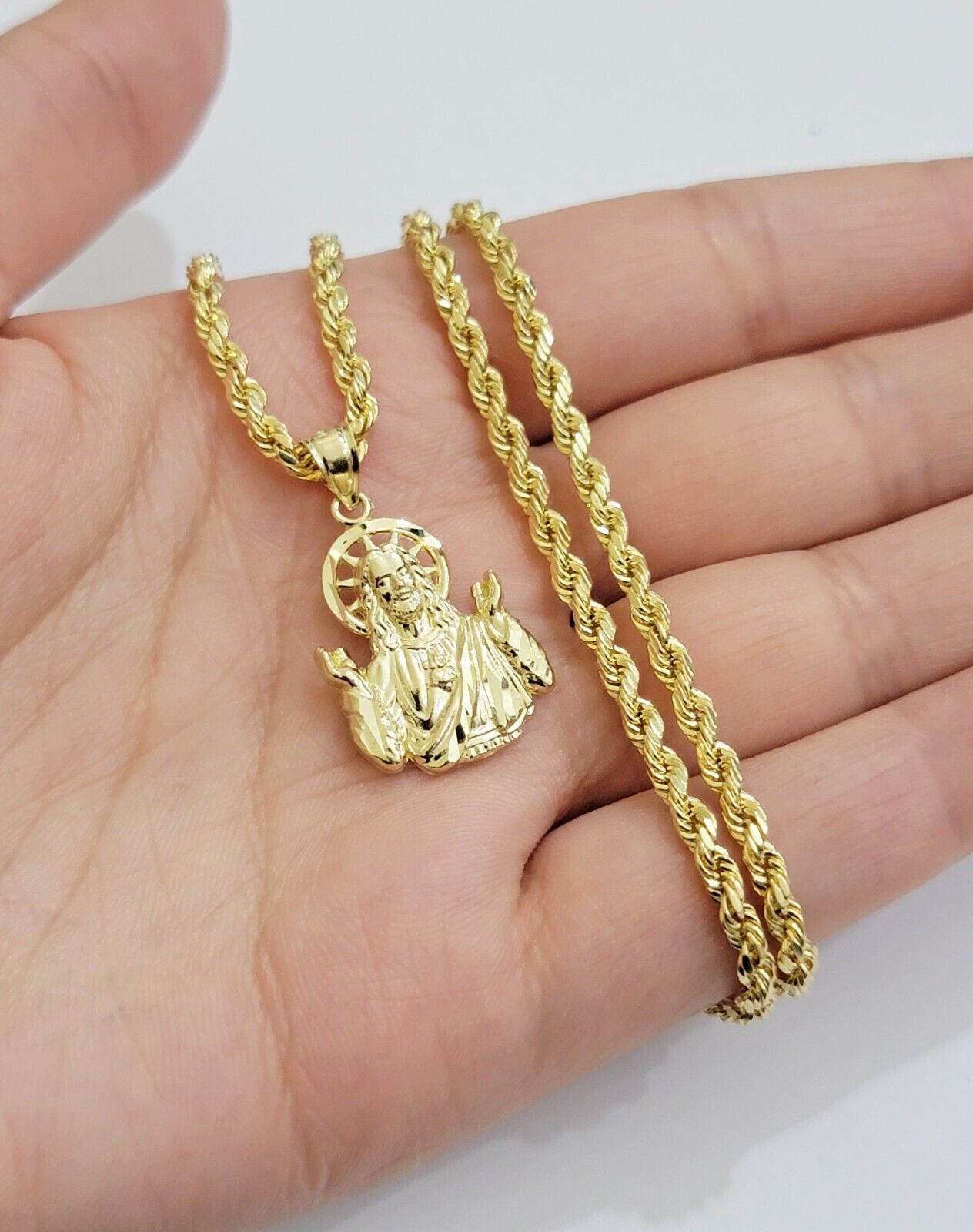 Real 10k Yellow Gold Rope Chain Charm Jesus Head Pendant SET 3mm Necklace