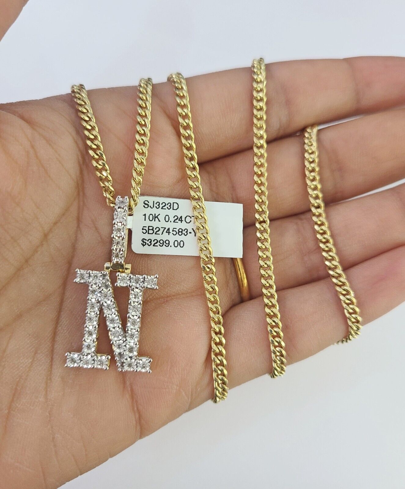 Real 10k Gold Necklace Chain Diamond N Alphabet Charm SET 3mm Miami Cuban Link