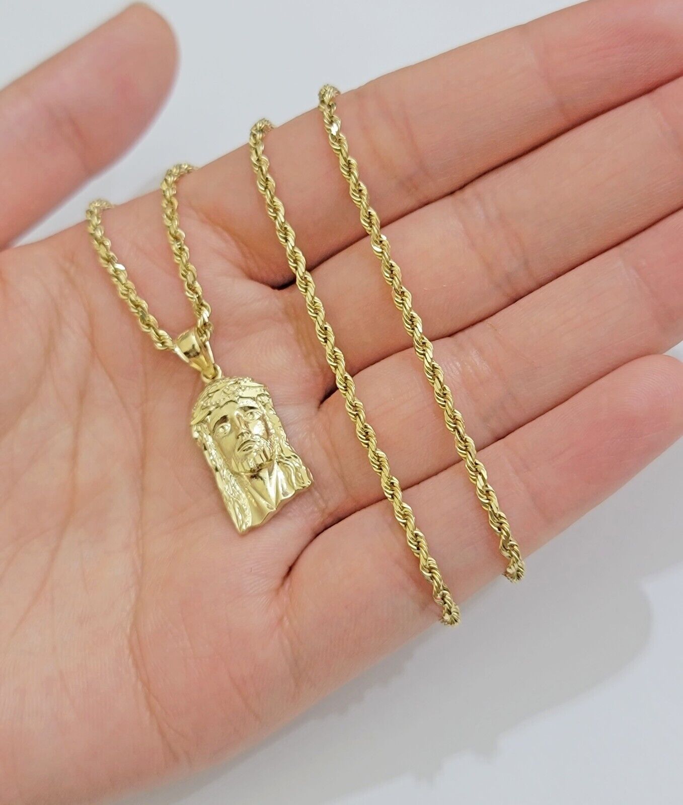 REAL 10k Gold Pendant & Solid Rope Chain Necklace 18" - 24 Inch Jesus Face Charm