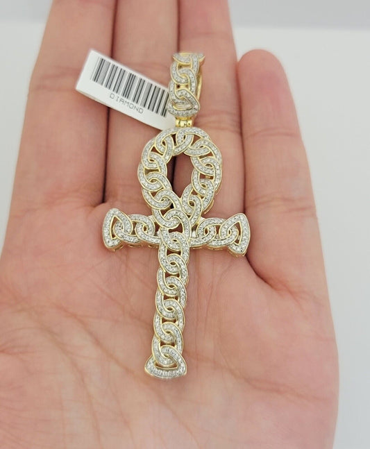 Real Diamond Ankh Cross Charm Pendant 10k Yellow Gold men's 1 CT Natural Daimond