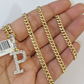 10K Gold Miami Cuban Chain P Diamond Initial 18"-24" 2mm Pendant Necklace SET