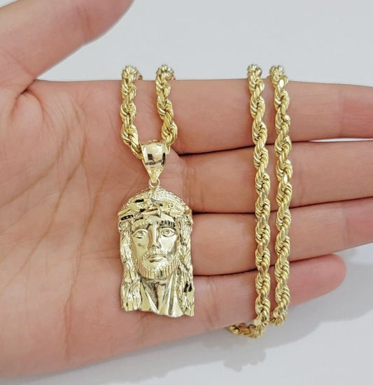 Real 10k Gold Rope Chain & Jesus Face Charm Pendant SET 5mm 18-28 inch Necklace