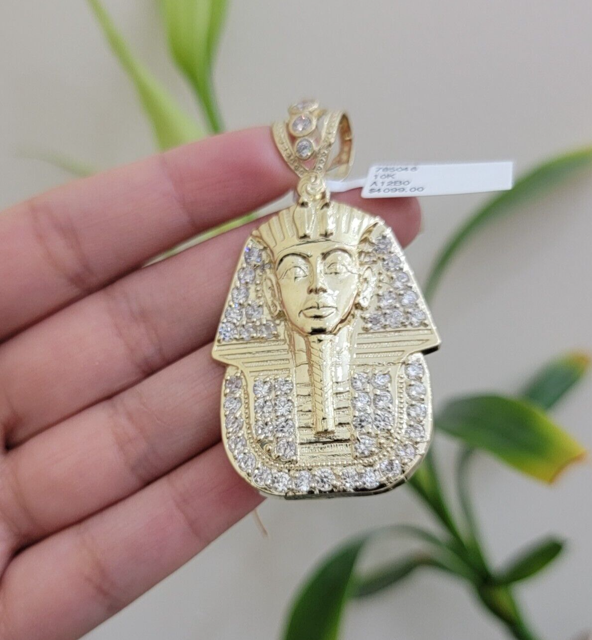 Real 10k Yellow Gold Pharaoh Head Charm Pendant 2.5"  10kt With Stones for Men's