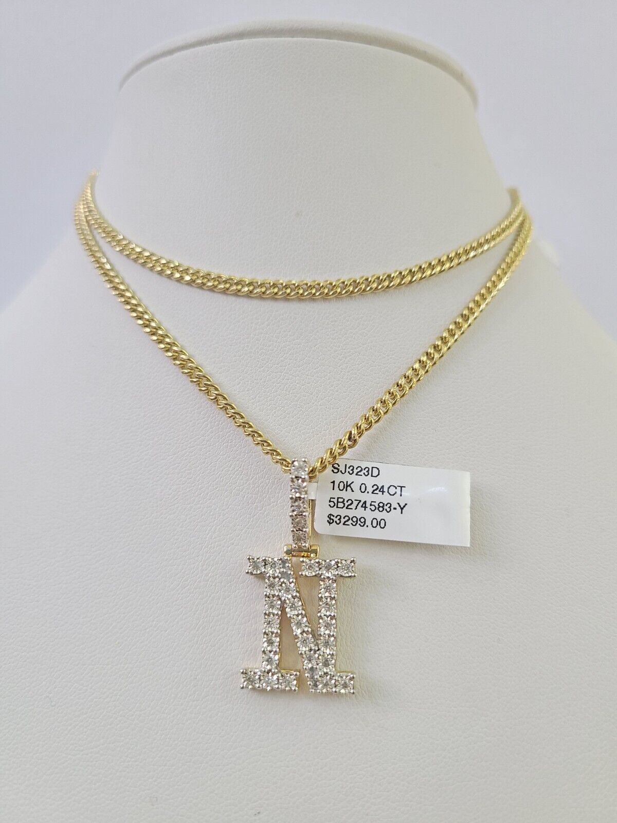 Real 10k Gold Necklace Chain Diamond N Alphabet Charm SET 3mm Miami Cuban Link