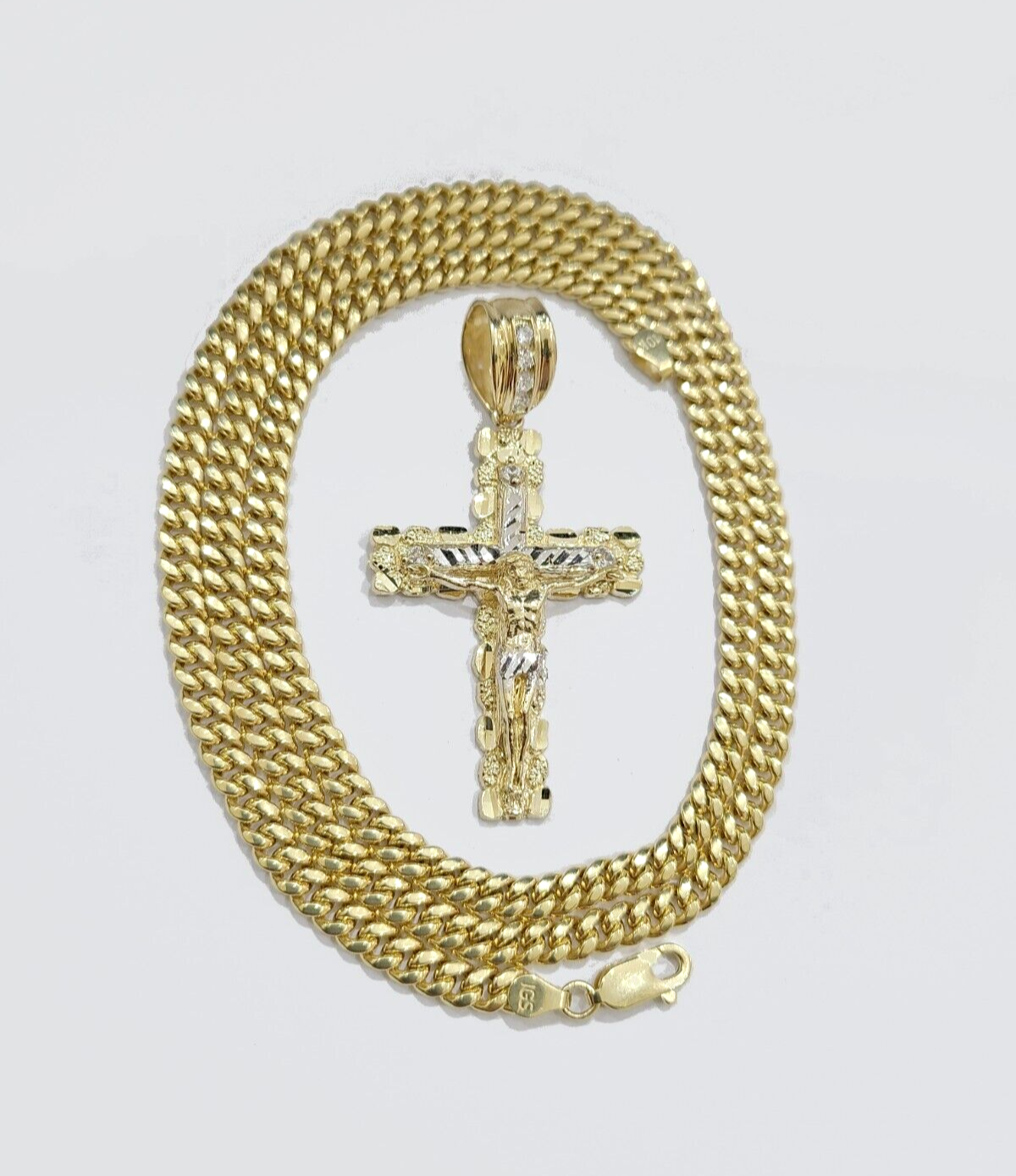 10k Yellow Gold Miami Cuban Chain 5mm 24" inch Necklace Jesus Cross Charm Real