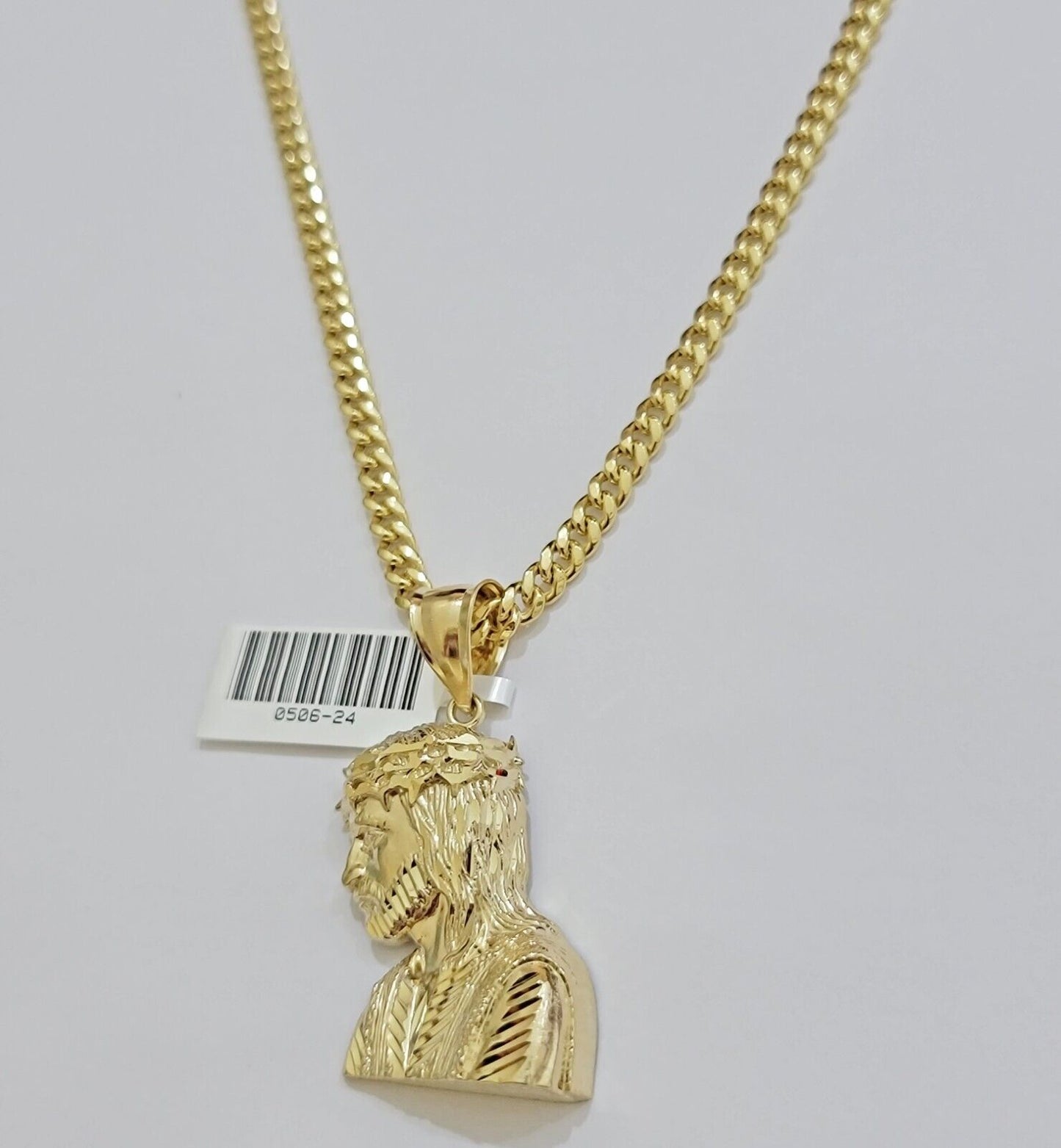 Real 10k Gold Jesus Heard Charm Pendant &Miami Cuban Link Chain 4mm Necklace SET