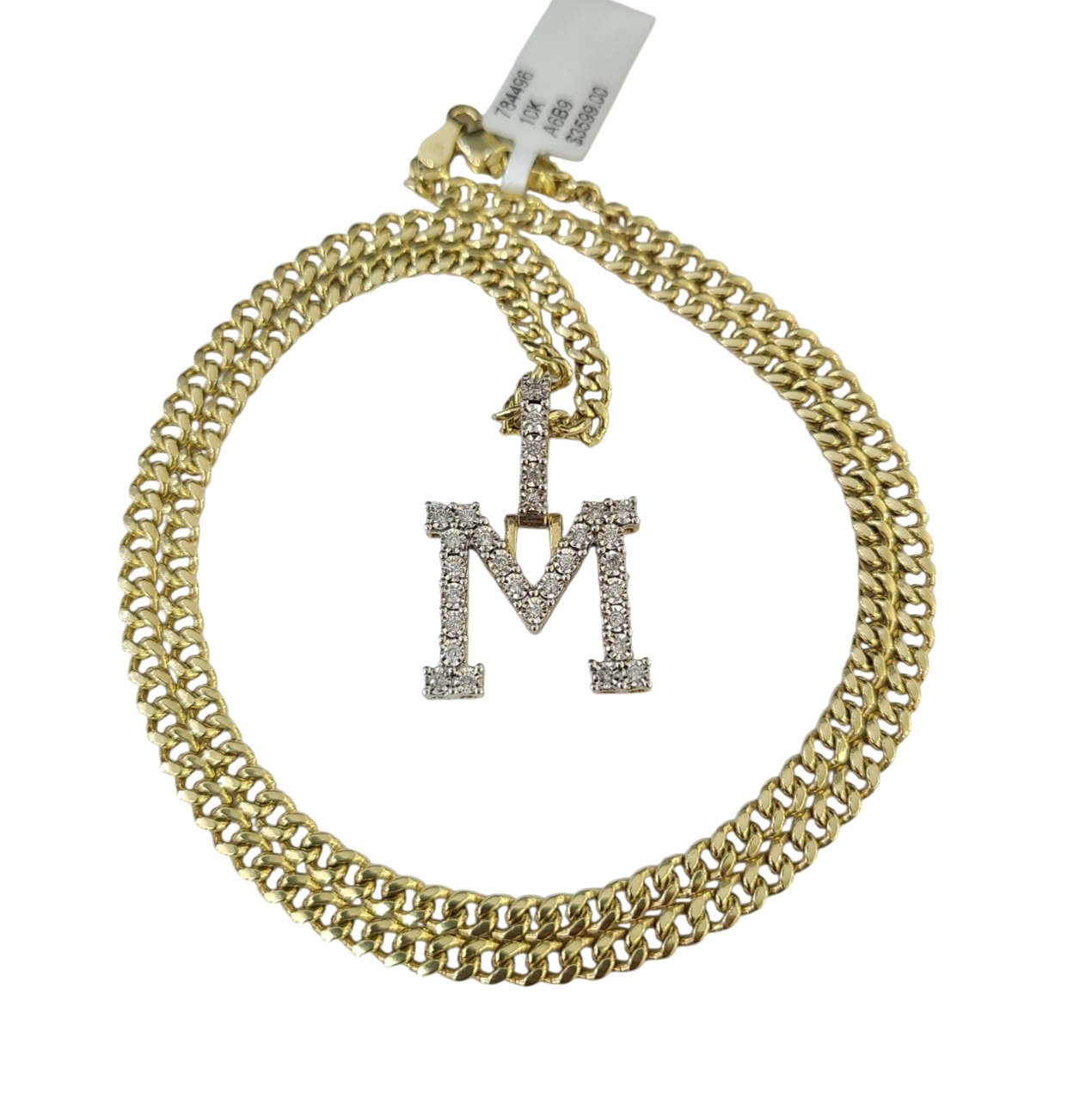 10K Gold Miami Cuban Chain M Diamond Initial 18"-24" 2mm Pendant Necklace SET