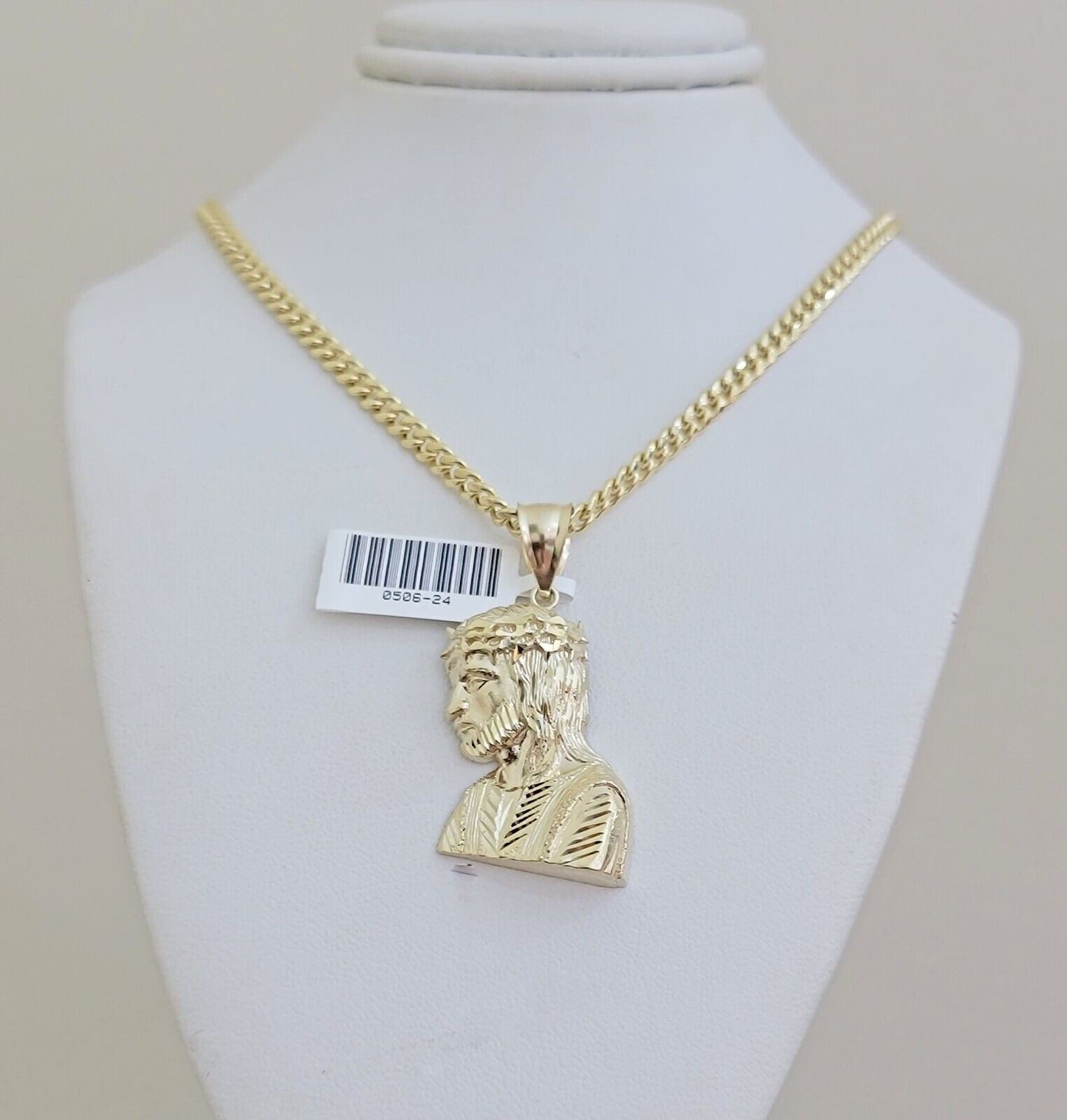 Real 10k Gold Jesus Heard Charm Pendant &Miami Cuban Link Chain 4mm Necklace SET