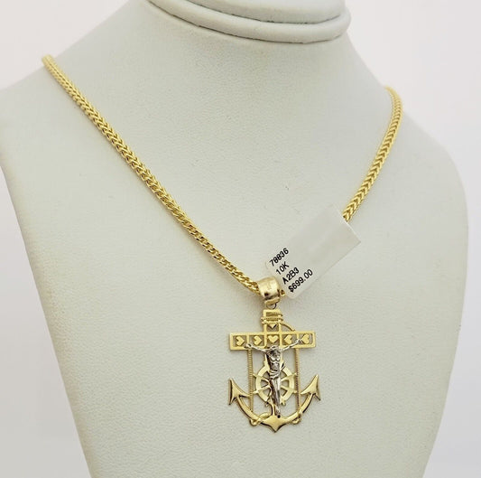 Real 10k Gold Franco Chain Anchor Cross Charm pendant Set 2.5mm Necklace 24 Inch