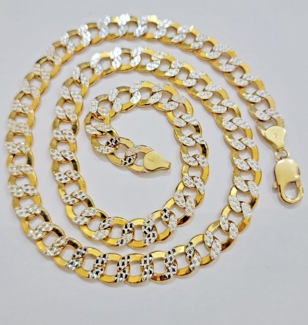 Real 10k Yellow Gold Chain Curb Link Necklace 10mm 28 Inch Diamond Cut Two-tone