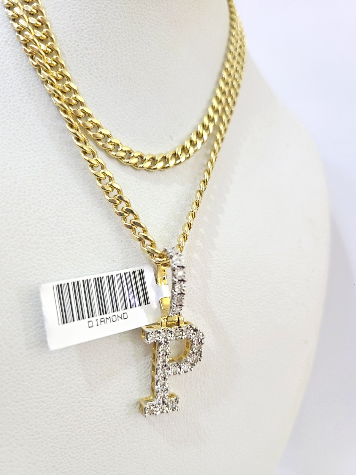 10K Gold Miami Cuban Chain P Diamond Initial 18"-24" 2mm Pendant Necklace SET