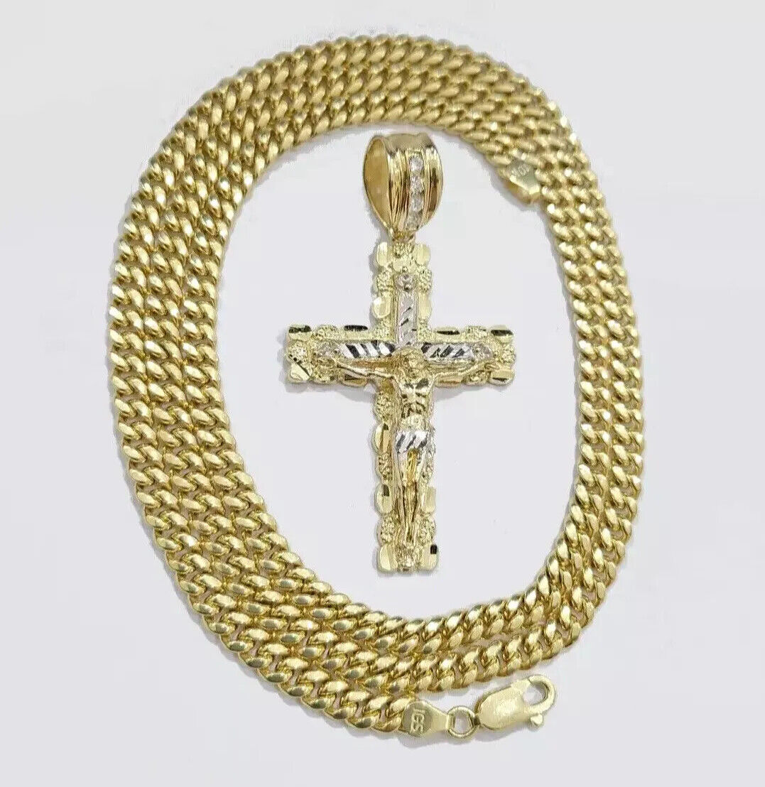 Real 10k Gold Cross Charm pendant Necklace SET 5mm Miami Cuban Link chain 18-28"